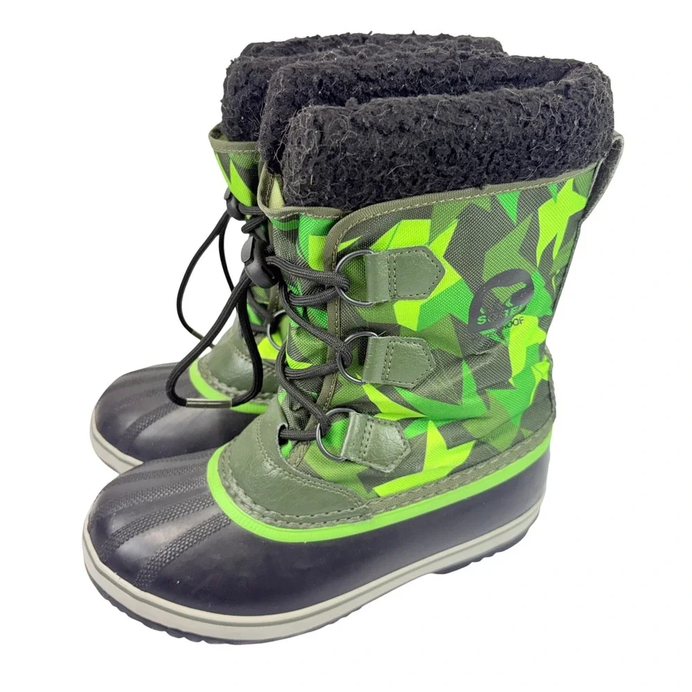 Sorel Pac Nylon Snow Boots Kids 3 Green Geometric Camo Waterproof Winter